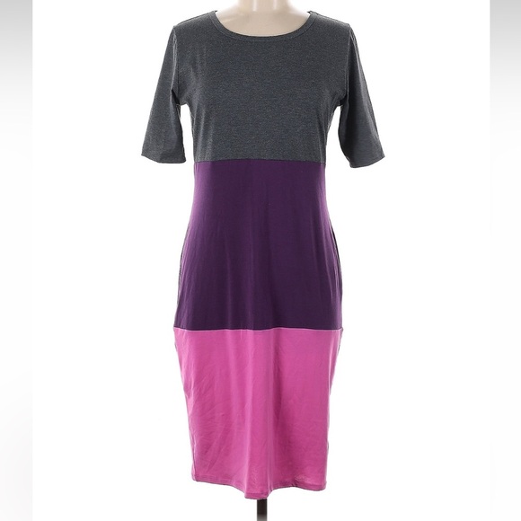 LuLaRoe Julia Gray Purple Pink Color Block Fitted Sheath Midi Dress Size Medium - Picture 5 of 5